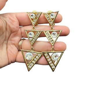 Vintage Clip On Earrings Long Gold Tone Rhinestone Earrings